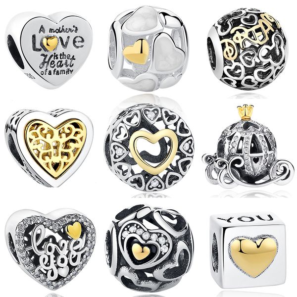 

eleshe authentic 925 sterling silver forever love heart yellow gold charm bead fit original bracelet necklace diy jewelry making q0531, Black