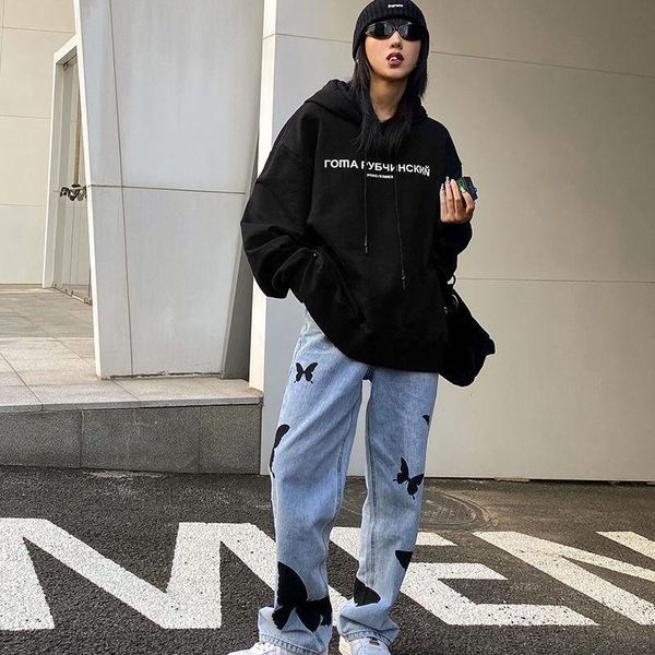 

women's jeans butterfly vintage women 2021 summer loose large size high waist straight casual harajuku y2k pants plus, Blue