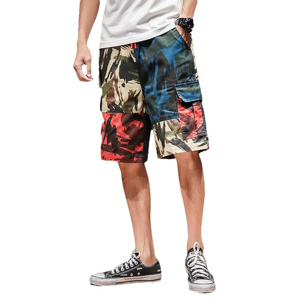 

new pockets cargo 2021 summer camouflage knee length men elastic waist hip hop streetwear fitness male shorts w3km vfns, White;black