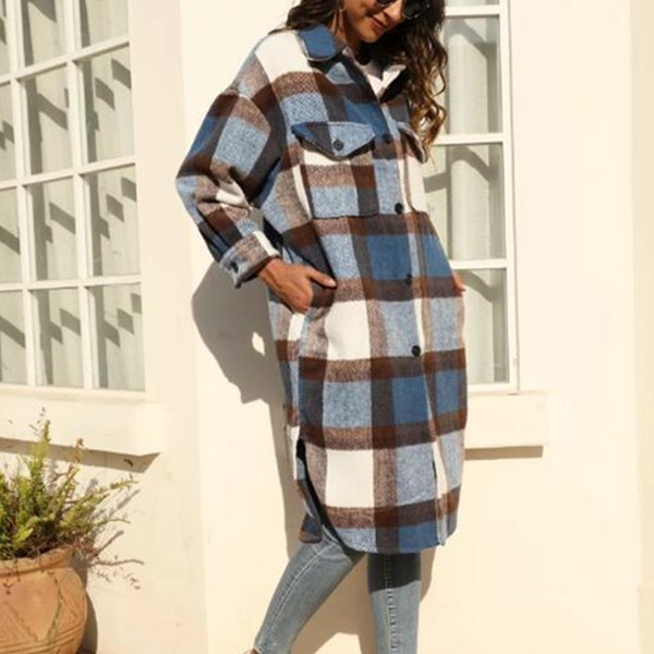 

2021 winter gingham check plaid coat warm oversize style women side slit long coat lapel woolen jacket causal outerwear, Black;brown