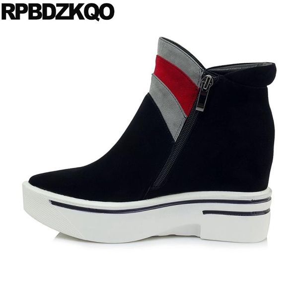 

boots wedge suede side zip shoes height increasing women brand flatform booties autumn pointed toe muffin platform high heel, Black