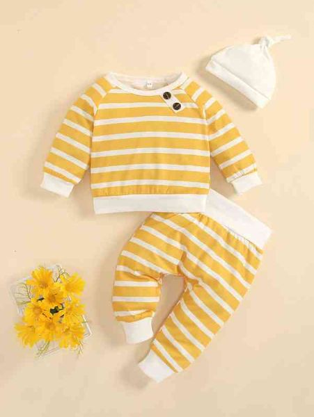 

baby striped button detail sweatshirt & sweatpants & hat she, White