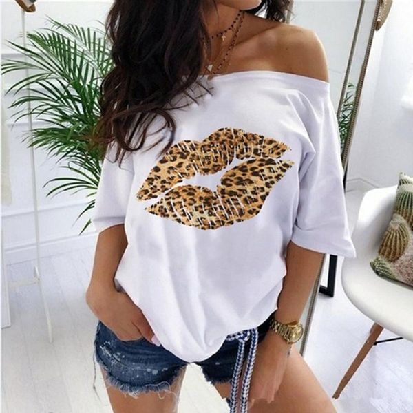 

women's t-shirt women streetwear off shoulder slash neck leopard lip printed short sleeve casual t shirt harajuku summer 2021 sj63, White