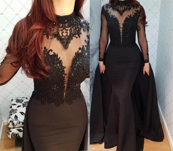 

black evening dresses with overskirt lace applique beaded high neck illusion long sleeves sheer custom made prom party gown vestidos, Black;red