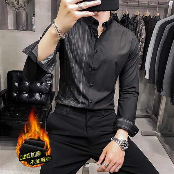 

men's casual shirts plus size 4xl-s autumn winter thick warm half striped men clothing slim fit formal wear business chemise homme, White;black