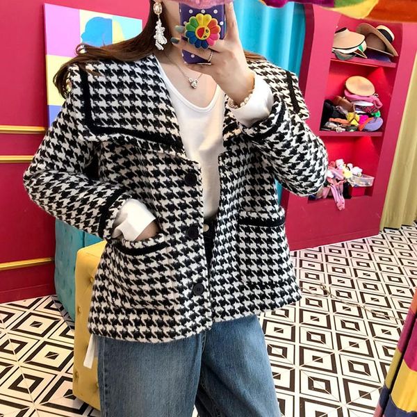 

women's jackets arrival runway autumn fashion week houndstooth tweed coats long sleeve tassel chic plaid ladies outerwear, Black;brown