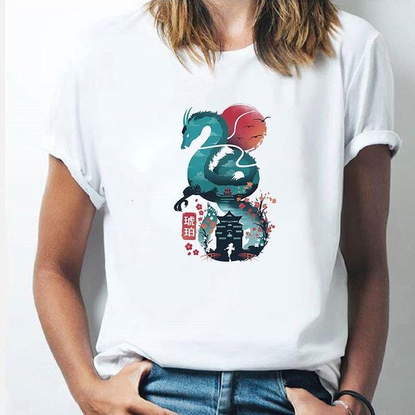 

2021 new arrive cute anime print t shirt short sleeve spirited away haku print women t-shirts harajuku women clothes tees, White