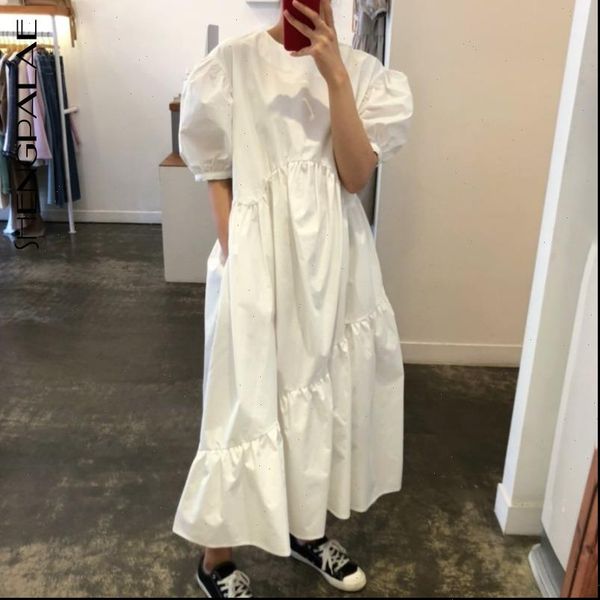 

2021 summer vintage loose high waist slim was thin elegant splice puff sleeve irregular pleating maxi dress za4029, Black;gray