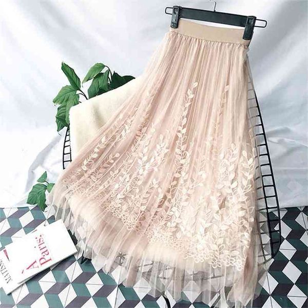 

floral embroidery a-line lace mesh skirt women elegant tulle long pleated midi summer sale 210702, Black