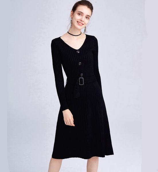 

2021 autumn new winter long belt elegant pleated a-line women robe femme streetwear knitting 0 bzea, Black;gray