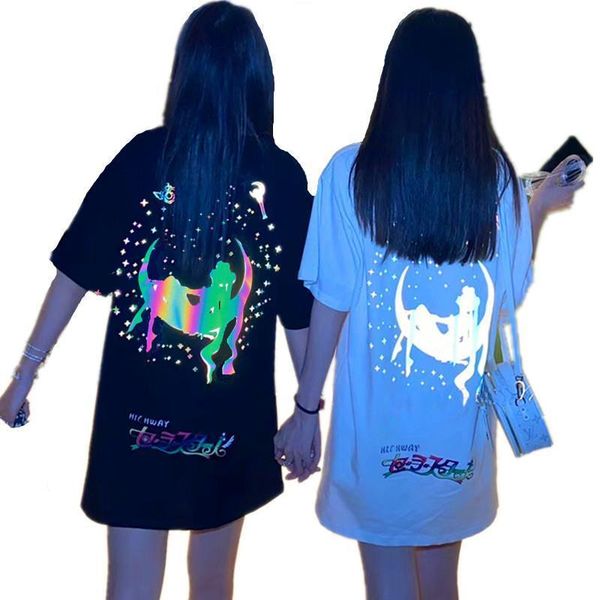 

harajuku women sailor moon reflective print t-shirts fashion summer short sleeve loose casual shirts female night luminous top, White