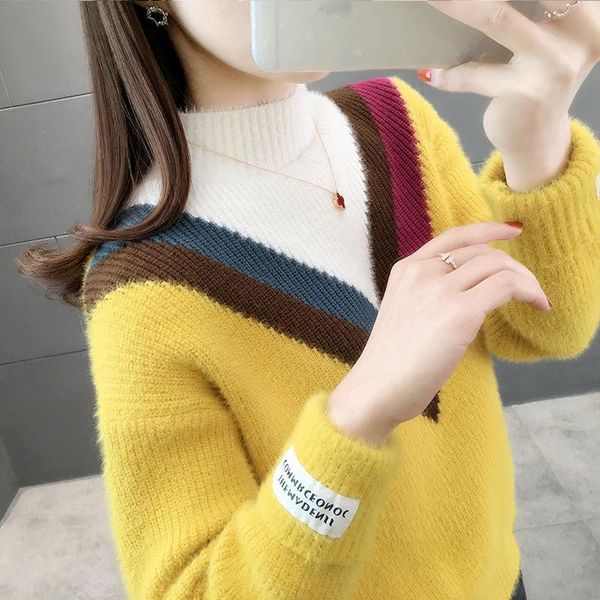 

women sweaters and pullovers 2021 new color matching knitted coat autumn spring half turtleneck imitation mink velvet jumper 610, White;black