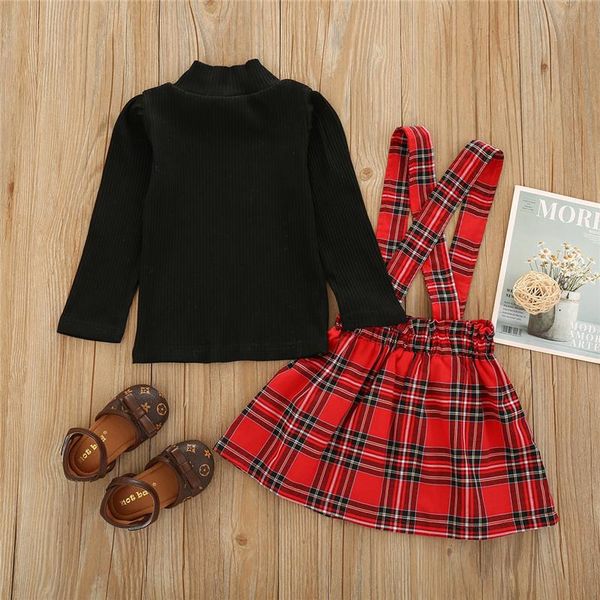 

clothing sets girls' 2 pieces suit children's striped sweater crew neck t-shirt solid color kids plaid shoulder dress short skirt, White