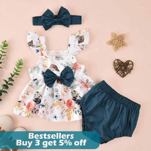 

clothing sets summer baby girls infant floral print sleeve bowknot dress shorts hairband outfits girl clothes1, White