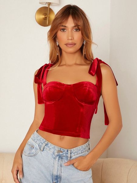 

tie shoulder bustier velvet cami r9mb#, White