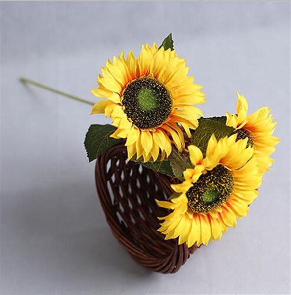 

10pcs artificial sunflower 3 heads/piece silk yellow gerebra 23.62" for wedding home decorative flowers