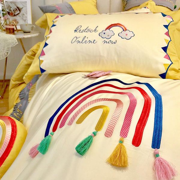 

bedding sets tassels set 100% cotton duvet cover 5pcs/set girl bright yellow bed linens colorful embroidery ruffles sheet