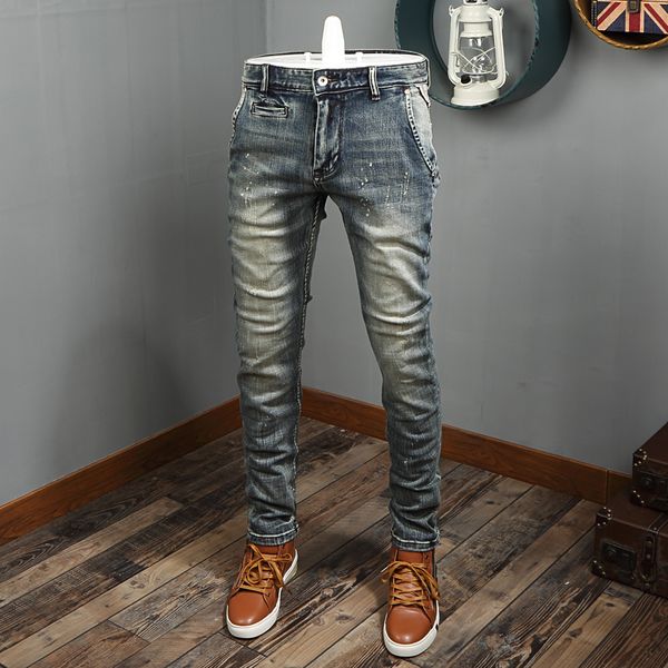 

2021 new fashion streetwear retro wash slim fit paint designer men denim pants elastic hip hop jeans fncv, Blue