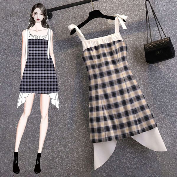 

french lattice suspender 2021 spring and summer new large women's fat sister dress cover belly show thin a-line skirt, Black;gray
