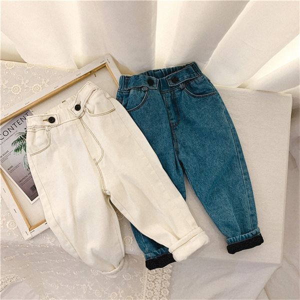 2-6 Yıl Kış Kız Erkek Kalın Sıcak Polar Jeans Pantolon Bebek Çocuk Çocuk Denim Pantolon İki Renk 220222