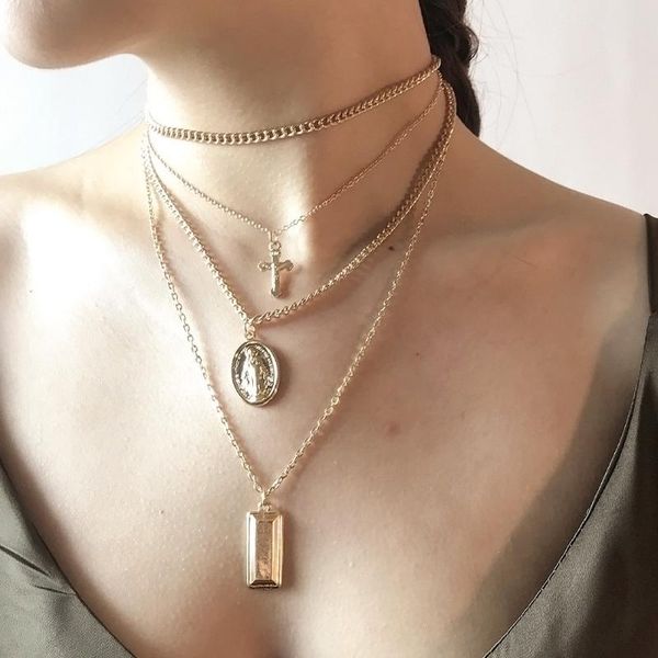 

pendant necklaces religious style multi chain necklace cross virgin mary for wom cute multilayer layer women, Silver