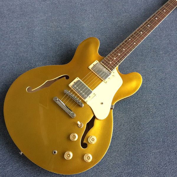

custom shop metallic gold 335 semi hollow jazz electric guitar chrome hardware, dots inlay, cream pickguard 171107