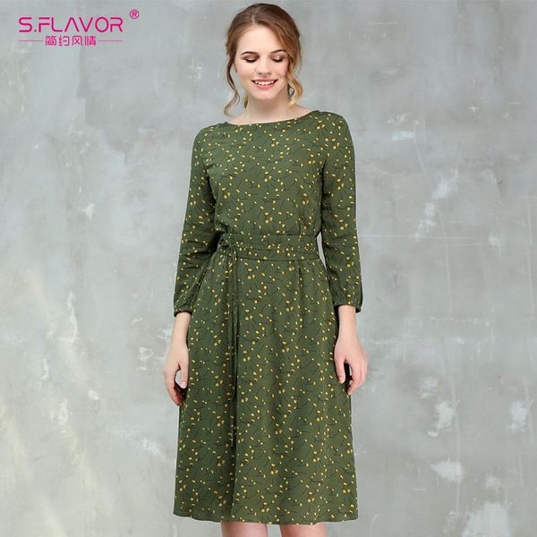 

s.flavor green floral printed women casual dress elegant o-neck summer midi dress women a-line printing vestidos 210316, Black;gray