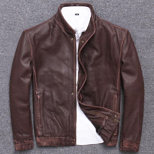 

men's leather & faux plus size vintage brown men jacket cow skin real 5xl, Black