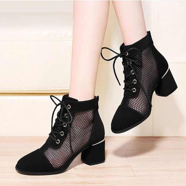 

women sandals square high heel summer shoes woman flower lace hollow peep toe gladiator sandalias plus size 35-43, Black