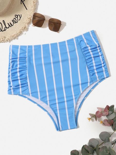 

plus striped ruched high waisted bikini panty j2hv#, Black