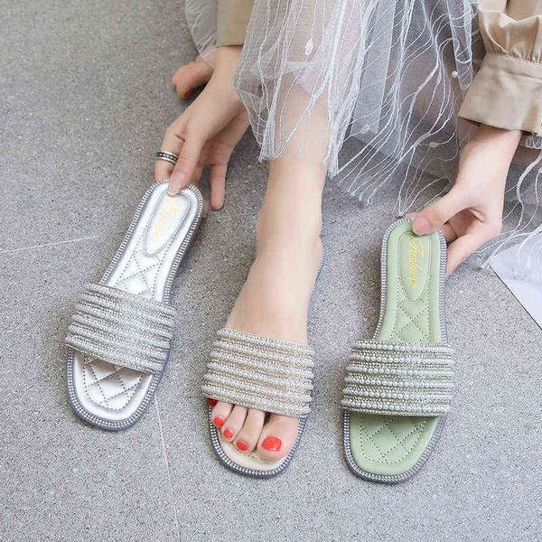

slippers women summer new rhinestone decoration sandals female jelly sewing string bead sandal ladies casual soft flat slides 220304, Black