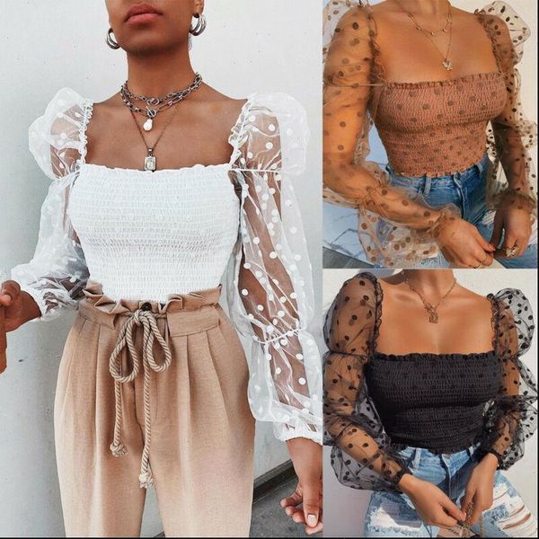

new spring summer polka dot lace women mesh shirts fashion slim square collar female shirt, White