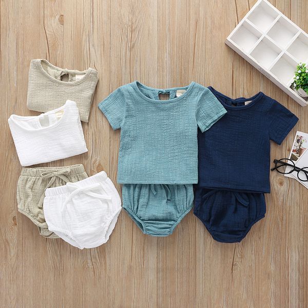 Crianças de linho de algodão mangas curtas + calças Outfits verão 2020 crianças roupas boutique 1-4t meninos meninas cor sólida casual 2 pc set