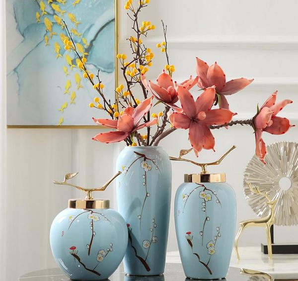 

european style ceramic vase storage pot with porcelain lid hand-painted flowers ambient table empty living room decorations