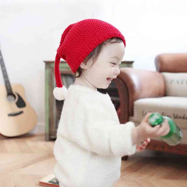 chapéu do Natal crianças inverno outono vermelho lã malha bola grande chapéu quente cor sólida elf cute pompom chapéu