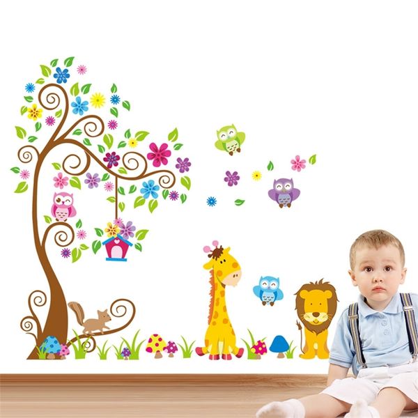 Большой размер деревья животные 3D DIY красочные наклейки на стену с совой наклейки клейкие для детей детская комната Фреска домашний декор бумага 220217