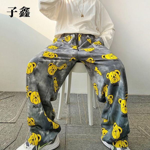 

men's pants fashion cartoon print casual trousers street trendy straight-leg, Black
