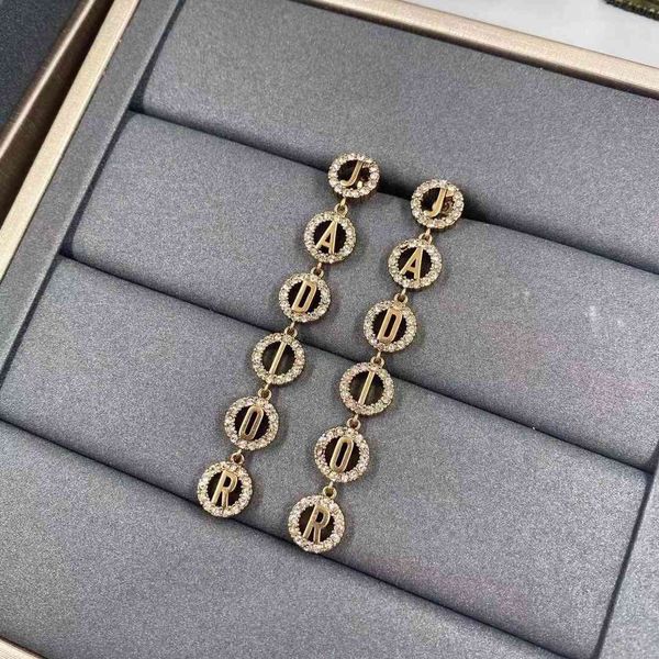 

d family's new red circle rhinestone earrings women's fashion long style temperament 925 sier needle, Golden