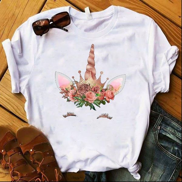

women t shirt flower floral unicorn print tshirt women short sleeve o neck loose t shirt ladies summer causal tee shirt clothes, White