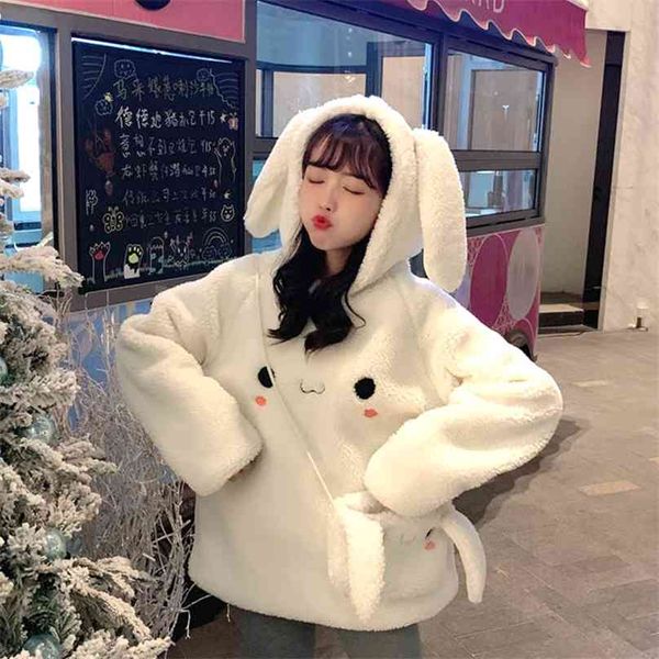 Gevşek Bunny Kulak Hoodies Kadınlar Için Sıcak Uzun Kollu Tatlı Kawaii Tavşan Çanta Kapşonlu Kadın Sonbahar Kış Sevimli Kazak 210805