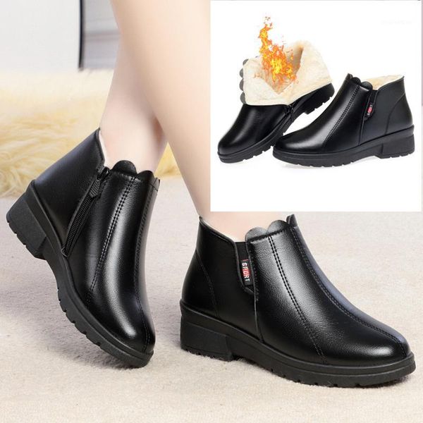

boots winter mother's cotton shoes non-slip soft bottom middle-aged leather warm and velvet mid-heel waterproof women snow1, Black