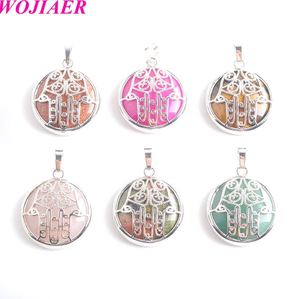 

wojiaer natural stone round amethyst crystal pendants purple pink quartz lapis fatima hamsa hand silver-color charm jewelry bw901