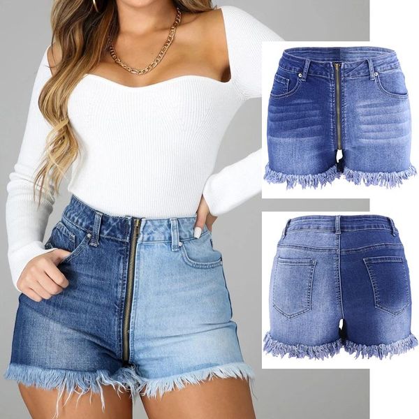 

women's jeans fringed denim shorts mini women summer zipper, Blue