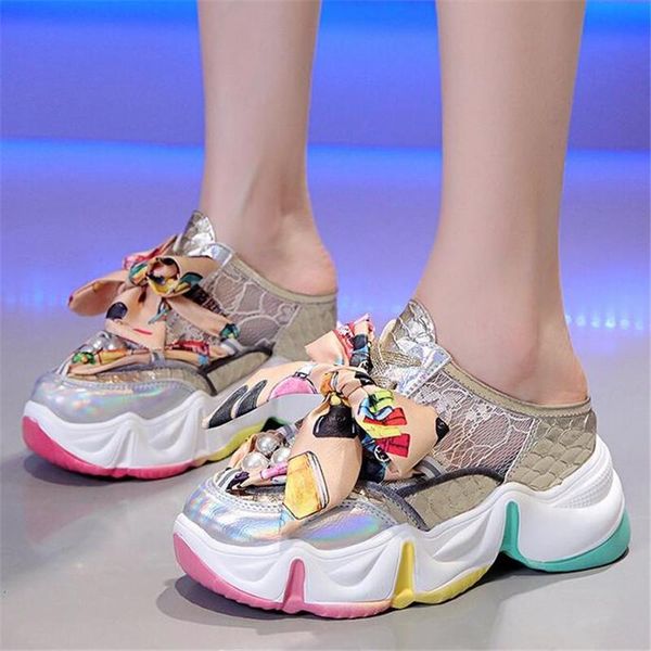 

slippers summer women platform 2021 thick sole 8cm casual high silver shoe comfortable leisure cutout sandal dad shoes woman, Black