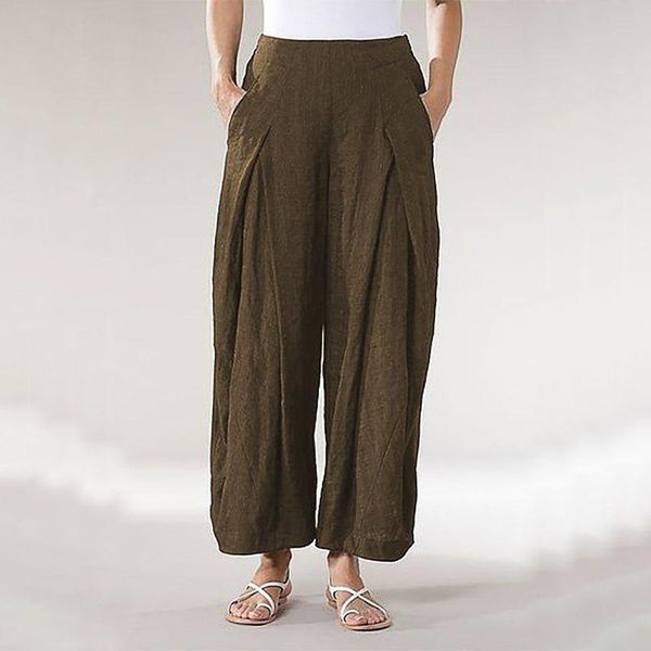 

women's pants & capris women vintage linen long palazzo 2021 solid casual loose wide leg elastic waist trousers plus size s-5xl#j30, Black;white