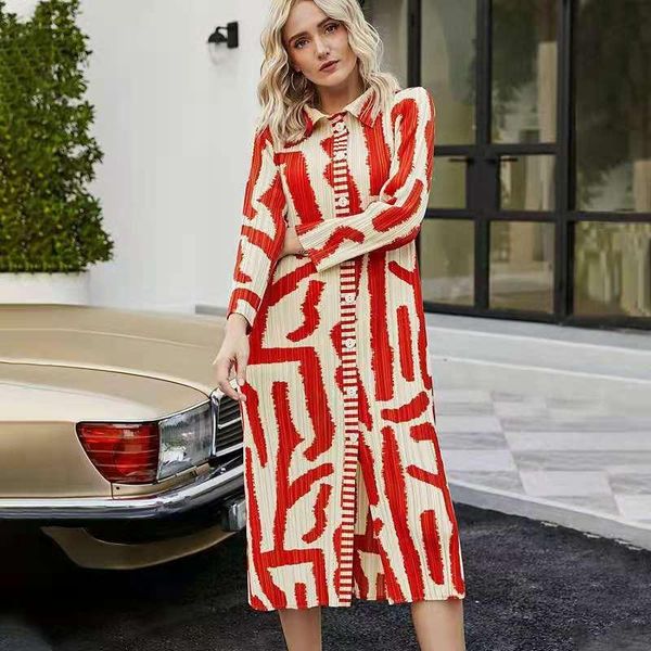 

casual dresses miyake 2021 long sleeve print dress lapel button skirt fashion professional maternity, Black;gray