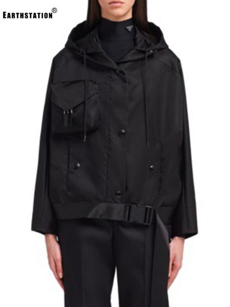 

women's jackets retro solid color design style lace hooded tie waist loose jacket coat ladies autumn fashion all-match windproof top, Black;brown