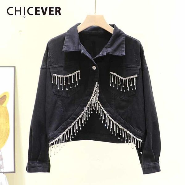 

women's jackets chicever black patchwork fringe casual denim lapel long sleeve loose colorblock jacket 2021 fashion clothing, Black;brown