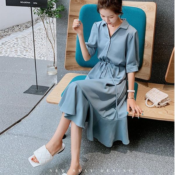 

casual dresses blue lapel summer dress women 2021 solid temperament high waist slimming women's midi elegant party platycodon robe, Black;gray