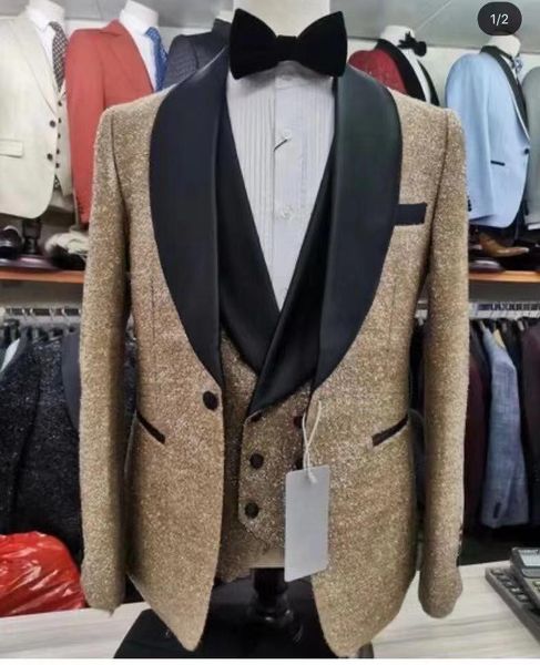 

men's suits & blazers 2021 latest design classic shiny golde with black wedding for men slim fit suit groom man party tuxedo 3 piece bl, White;black